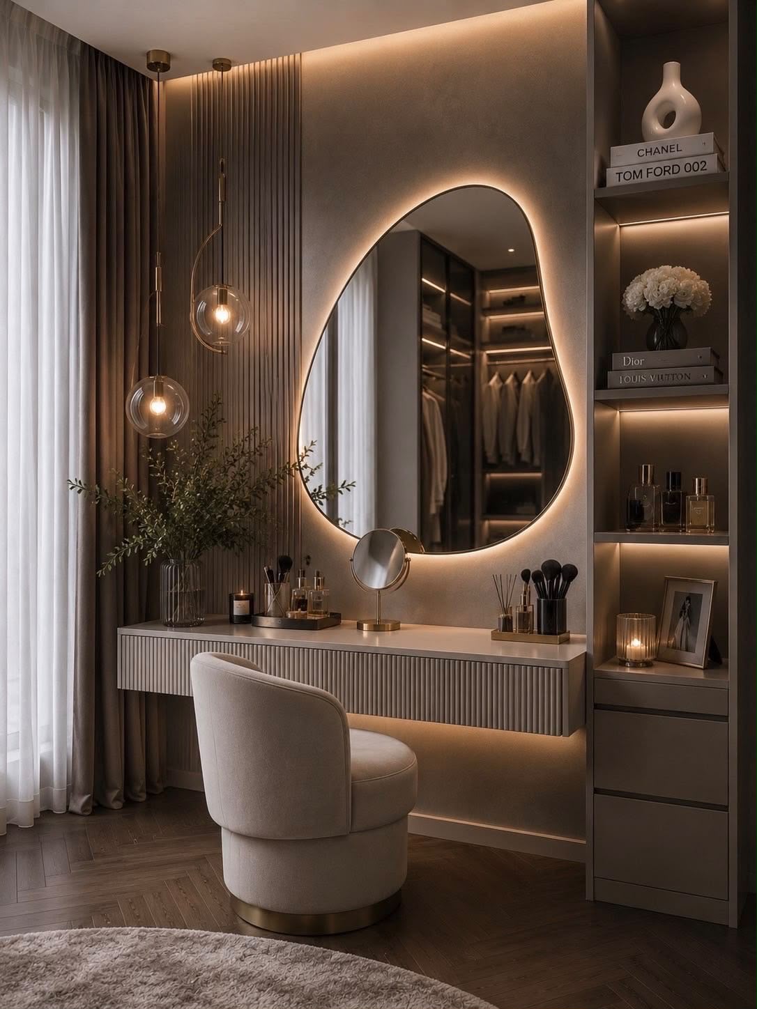 Glam vanity dressing table with round mirror