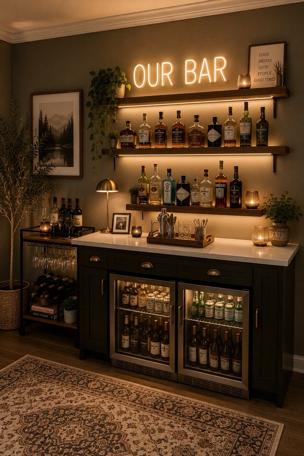 Home bar setup with neon sign