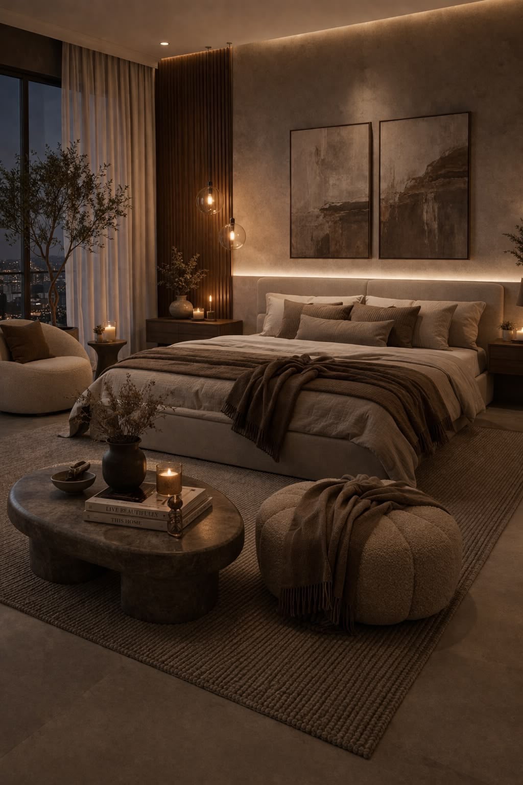 Luxury bedroom with city view at night