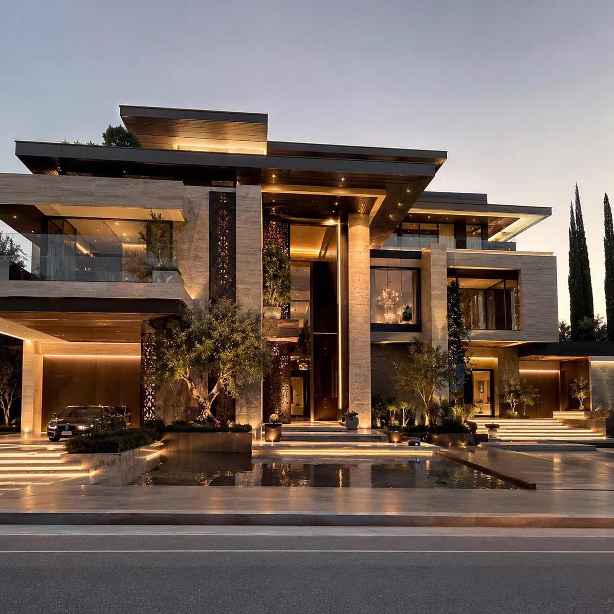 Modern stone-and-wood home exterior at dusk
