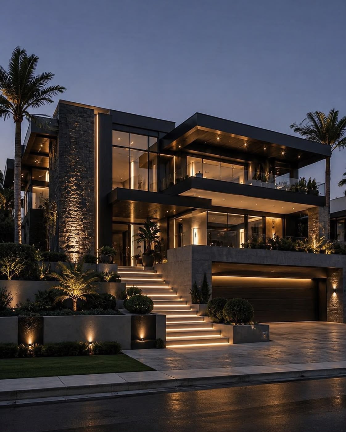 Modern home exterior at night