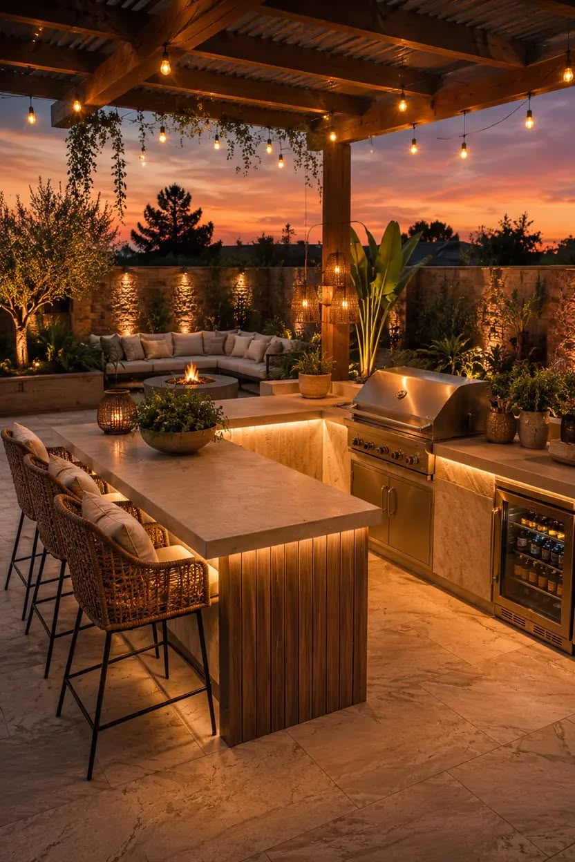 Outdoor kitchen and bar at sunset