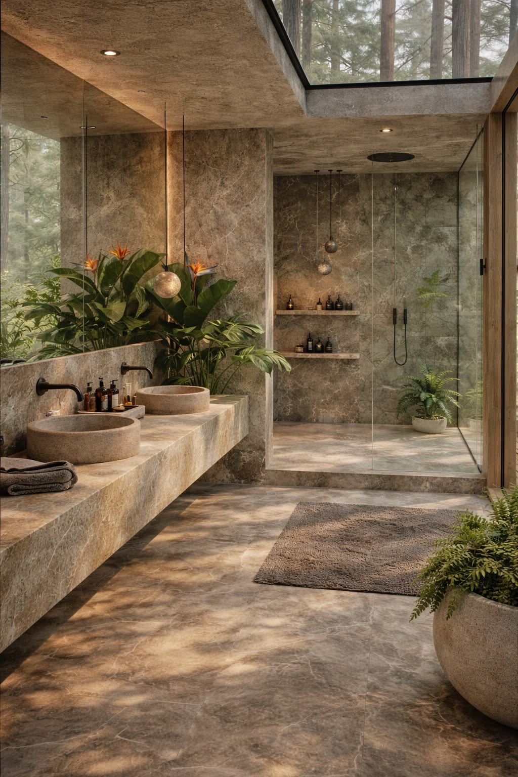Spa-style bathroom with forest skylight