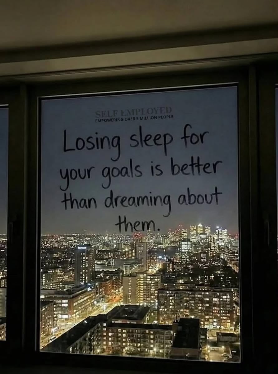 Losing sleep for your goals quote over city skyline