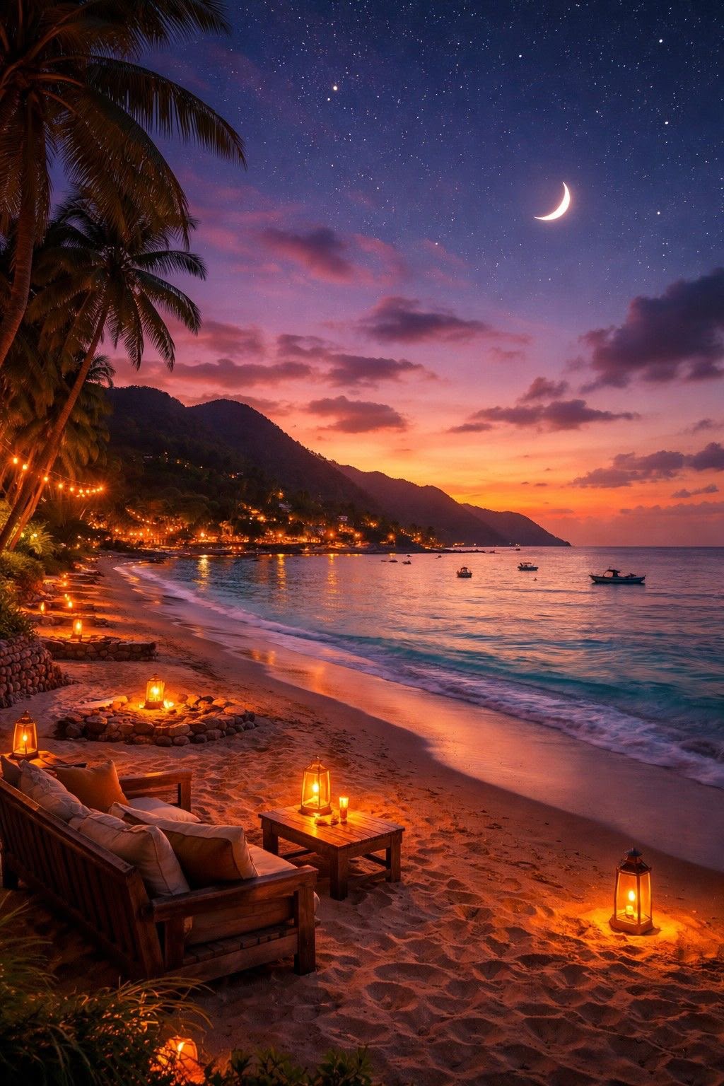 Beach lounge with lanterns at sunset