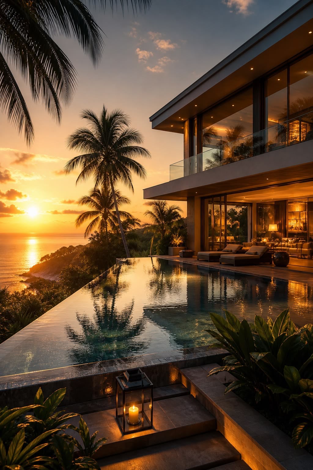 Infinity pool villa at sunset